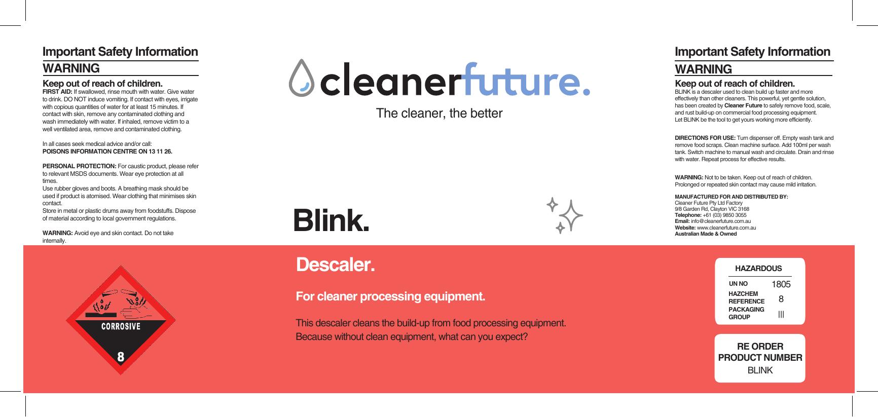 Cleaner Future Blink descaler label showing the corrosive GHS pictogram, safety information and first aid directions