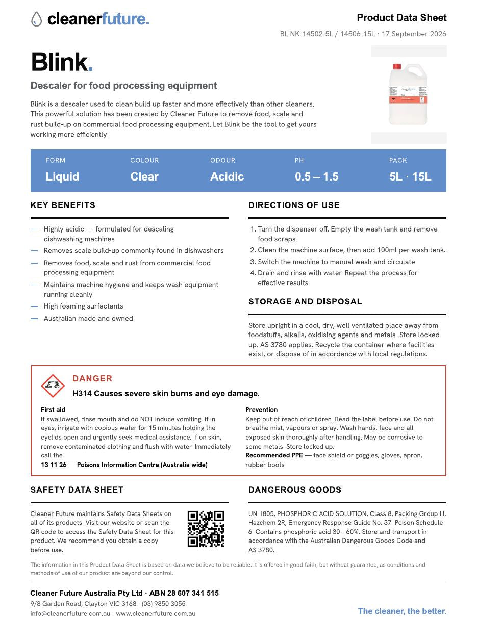 Cleaner Future Product Data Sheet for Blink, showing product description, directions for use, key benefits, technical data and recommended PPE