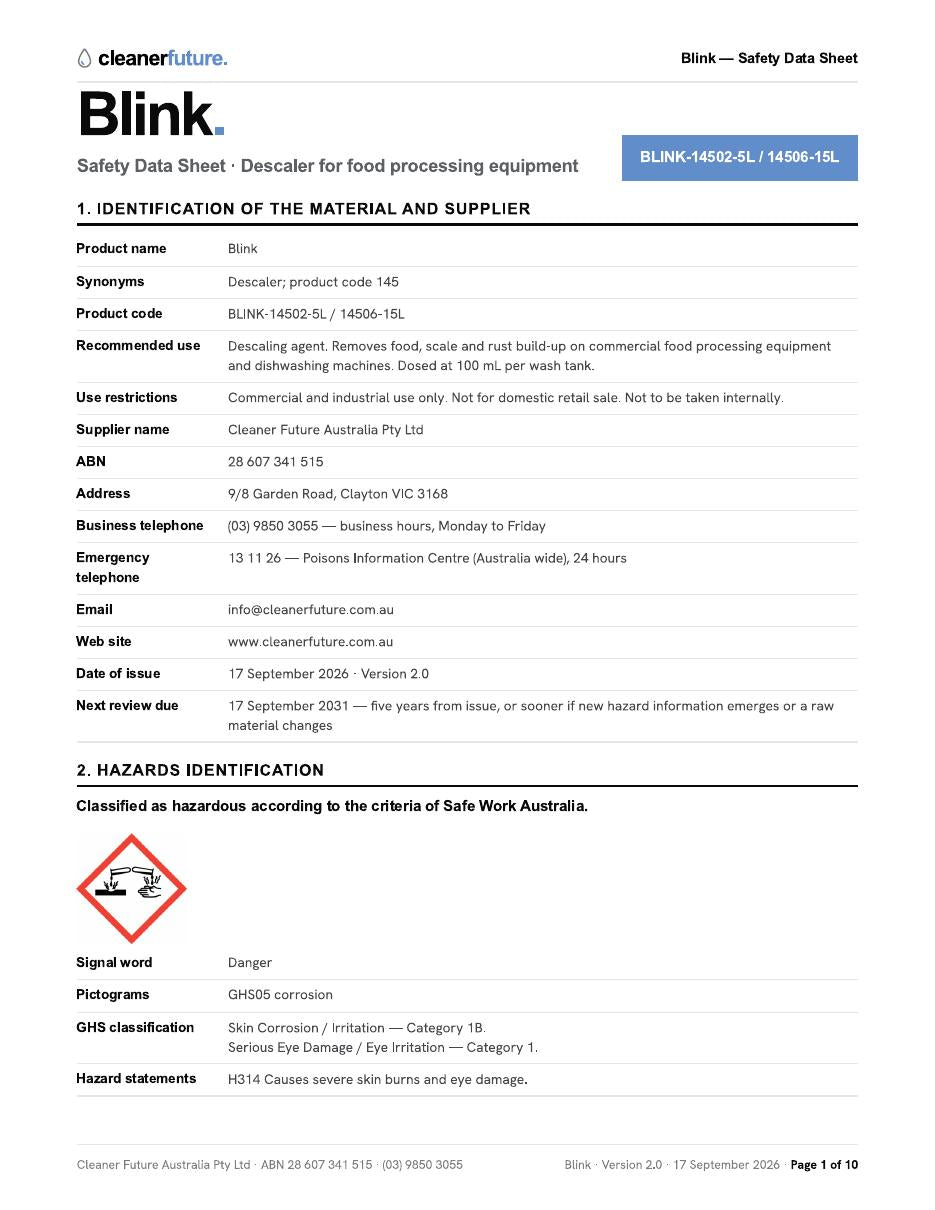 First page of the Cleaner Future Safety Data Sheet for Blink descaler, showing identification and hazard identification sections