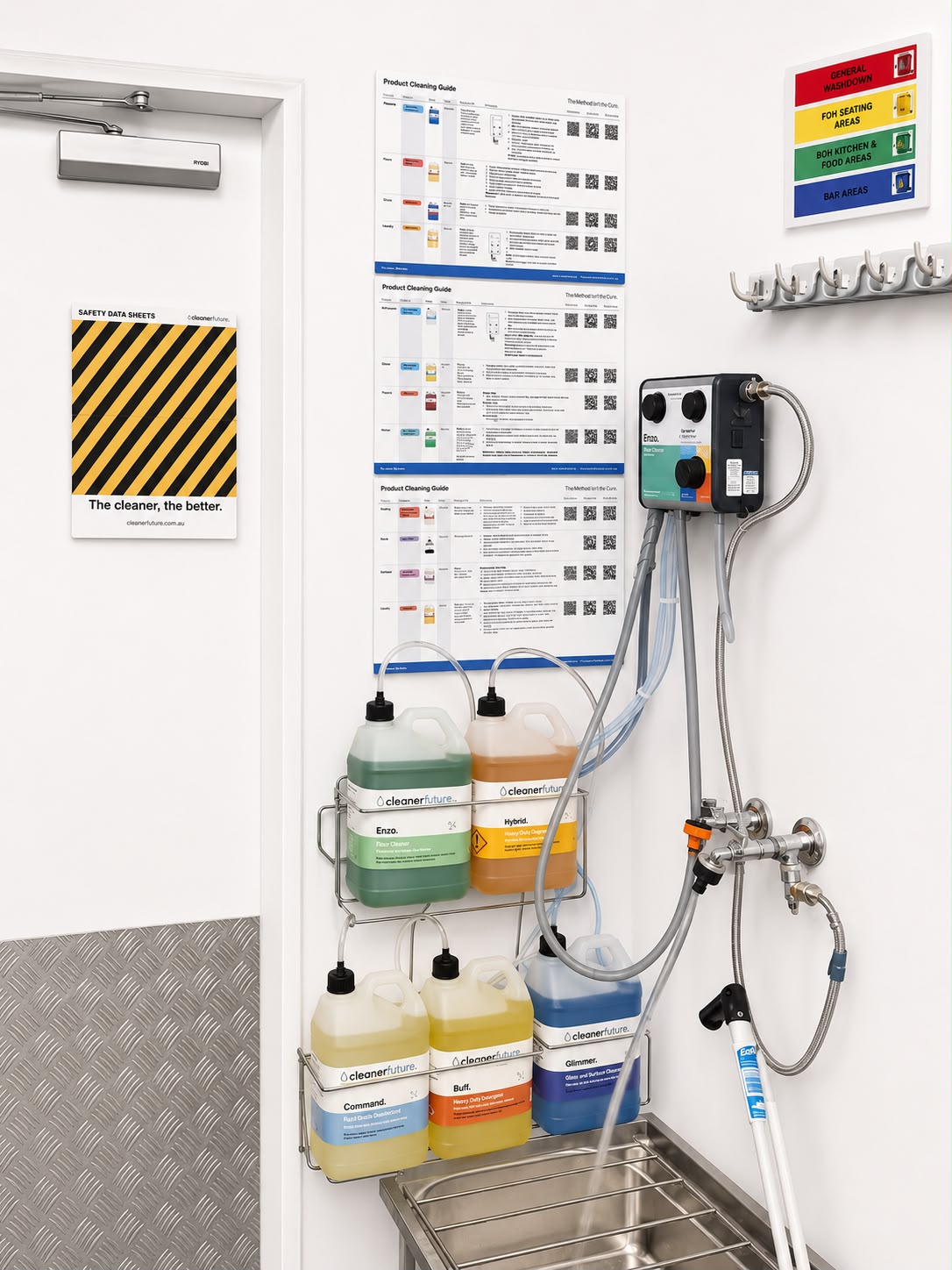 Back of house chemical station with zone signage, product cleaning guides and SDS station