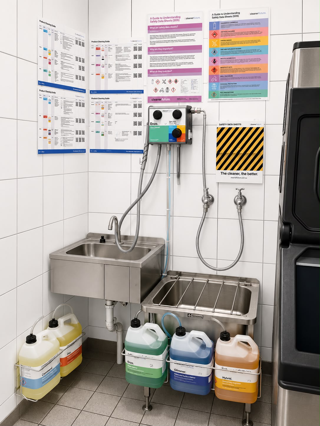 Dispensing sink corner with the wall-mounted proportioning dispenser, racked Command, Hybrid and Glimmer containers, product cleaning guides and SDS station