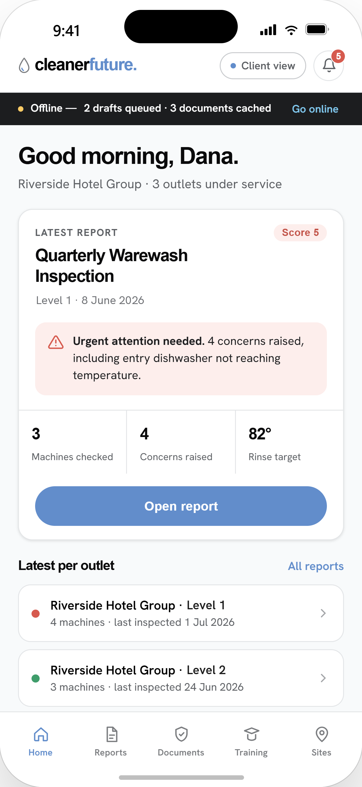 Cleaner Future app home screen showing the latest inspection report
