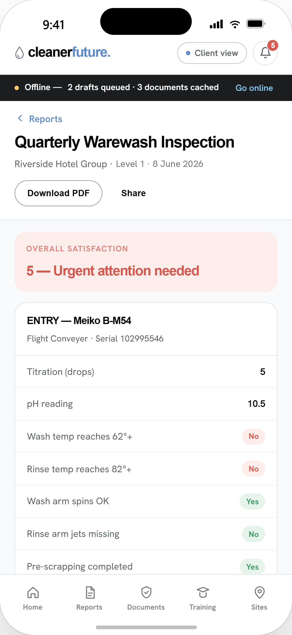 Quarterly warewash inspection report open in the Cleaner Future app