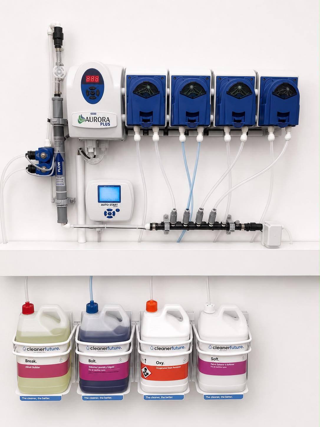 Cleaner Future compact precision dosing system installed above the laundry chemical rack