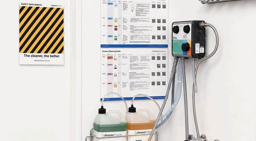 A Cleaner Future auto dosing station with bulk product containers and a Cleaner Future product guide mounted on the wall